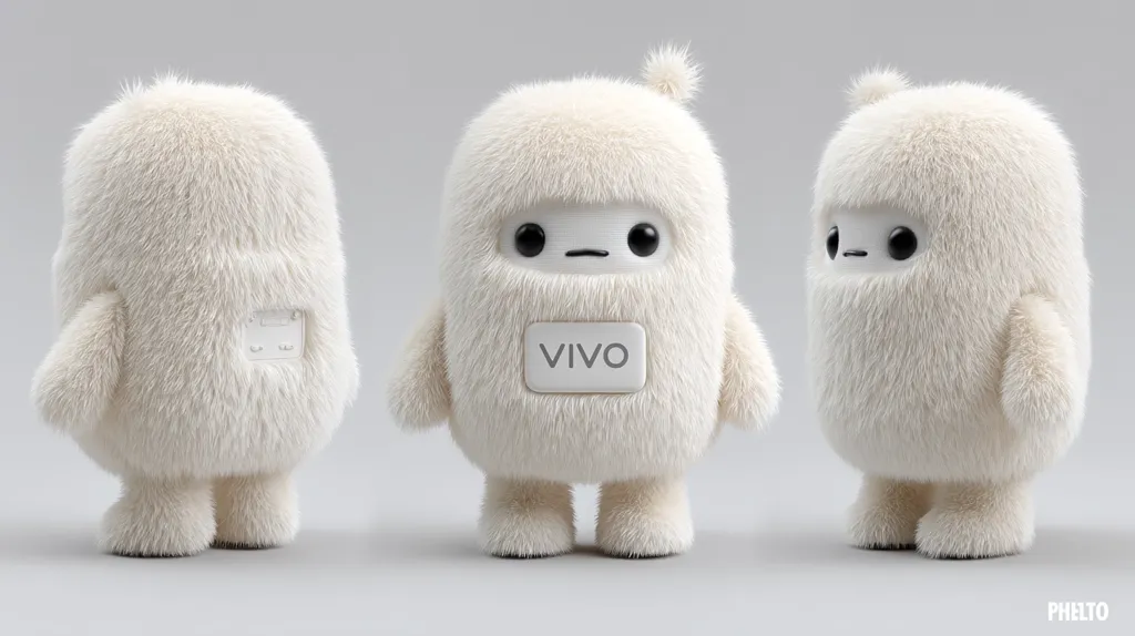 Three fluffy, white, cartoon creatures are shown from different angles.  They have simple facial features and a small, rectangular panel on their chest, which displays "VIVO" on the center creature.  The creatures appear soft and cuddly, resembling stylized snowmen or yeti. They are set against a neutral gray background.