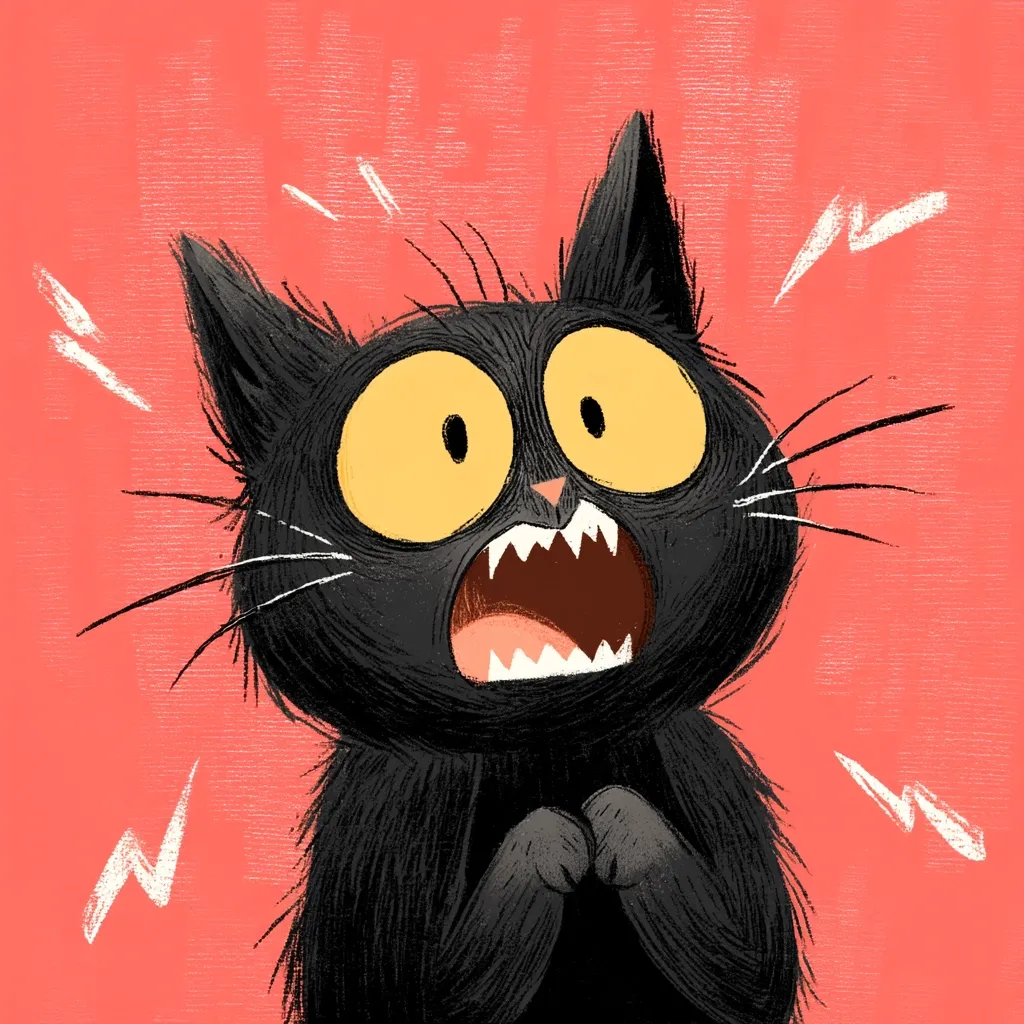 A cartoon black cat with wide, yellow eyes and an open mouth, expressing shock or fear.  Its fur is textured, and its paws are held together in front of its chest.  The background is a coral-pink with stylized, white lightning bolt shapes suggesting alarm or excitement. The overall style is playful and slightly whimsical.