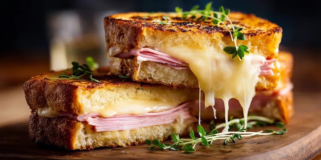 Two gourmet ham and cheese sandwiches are artfully stacked on a wooden board.  The bread is golden brown and crispy, the cheese is melted and gooey, stretching between the slices.  Thin slices of ham are nestled within, and sprigs of fresh thyme garnish the sandwiches.  The image showcases a visually appealing and appetizing meal.