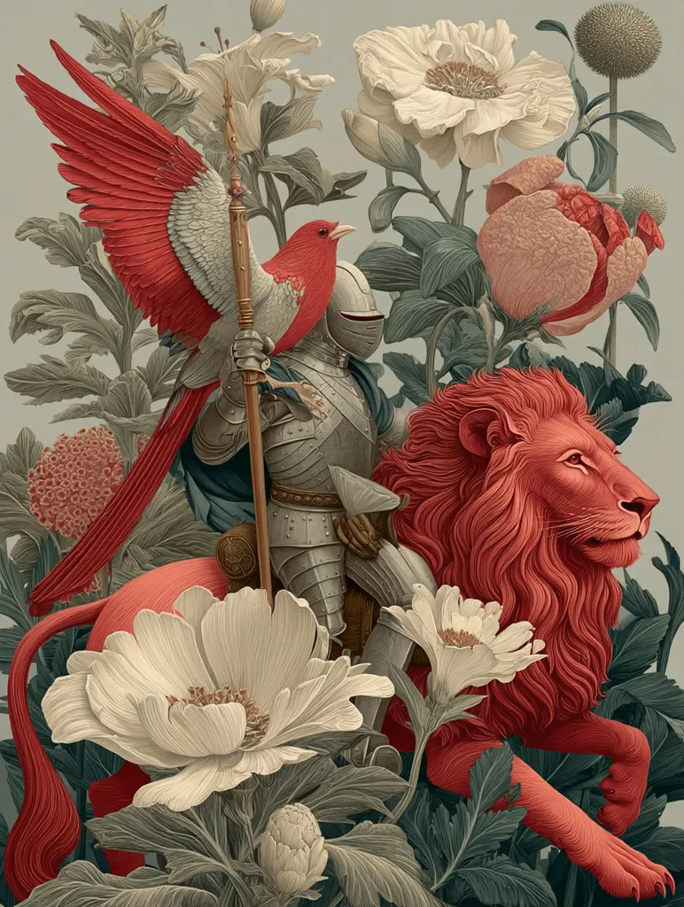 A knight in silver armor sits astride a vibrant red lion amidst a lush garden of oversized flowers.  A red bird with outstretched wings holds a staff, perched beside the knight. The scene is rendered in a highly detailed, almost surreal style, with a muted color palette emphasizing the rich textures of the flowers, lion, and knight's armor.  The overall impression is one of fantasy and elegance.