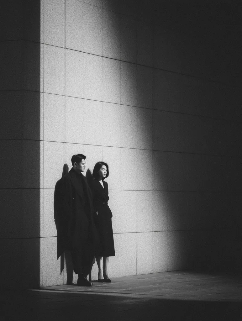 A black and white photograph captures a stylish couple standing against a light-grey tiled wall.  A single shaft of light illuminates them, creating a dramatic contrast. The man and woman, dressed in elegant dark coats, stand close together, their poses suggesting a quiet intimacy. The architectural setting adds a sense of urban sophistication to the image.