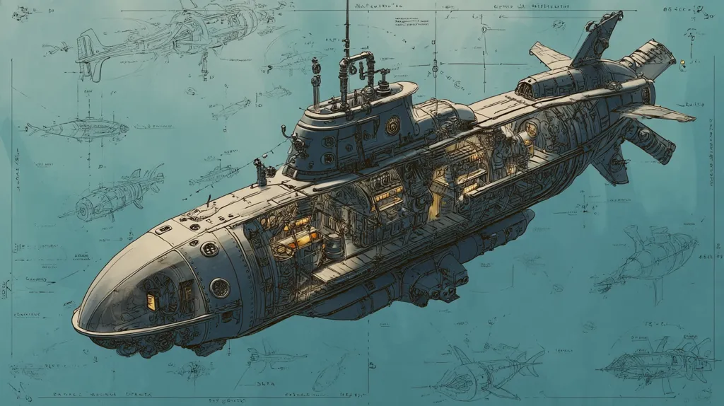 A detailed cutaway illustration of a steampunk-style submarine is presented against a teal background filled with technical drawings and annotations. The submarine’s internal mechanisms, compartments, and propulsion systems are intricately depicted, showcasing a blend of Victorian-era and futuristic technology.  Smaller sketches of related craft surround the main image, suggesting design blueprints or development notes. The style is reminiscent of engineering schematics, with lines, numbers, and labels enhancing the technical aesthetic.