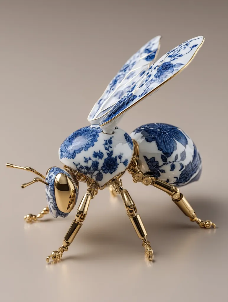 A meticulously crafted bee sculpture is showcased. Its body and wings are adorned with exquisite blue and white porcelain, reminiscent of traditional Chinese designs.  Gold metallic legs and joints provide a striking contrast, creating a unique blend of artistry and engineering. The piece is positioned on a neutral background, highlighting its intricate details and craftsmanship.