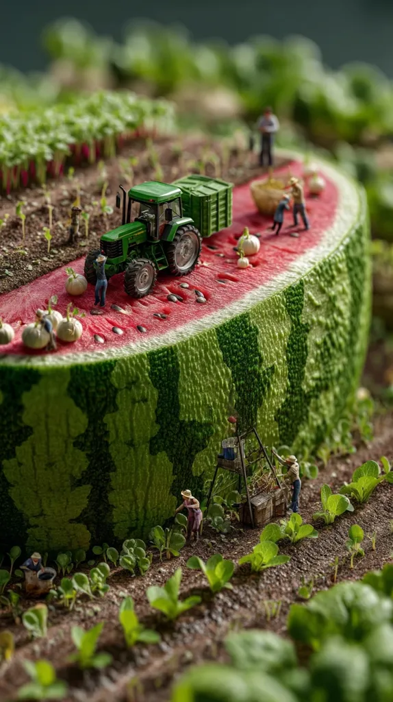 A miniature farm scene is set on a giant halved watermelon.  Tiny farmers cultivate crops around the watermelon's rind, while a miniature tractor and trailer are parked on the red flesh, suggesting a harvest.  The scene is meticulously detailed, with small figures tending to plants and working the land.  The contrast between the scale of the watermelon and the tiny figures creates a whimsical and engaging image.
