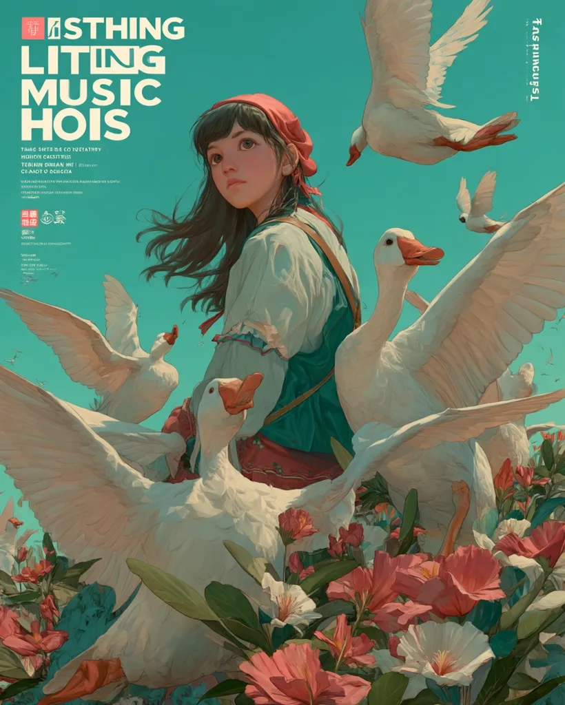 A young woman in a red bonnet and peasant dress is surrounded by geese and flowers in a dreamy, pastel-colored landscape.  The art style is soft and whimsical, suggestive of a fairy tale or fantasy.  The title "LITING MUSIC HOIS" is prominently displayed, along with other text that may be artist credits or song information.  The overall mood is serene and peaceful.