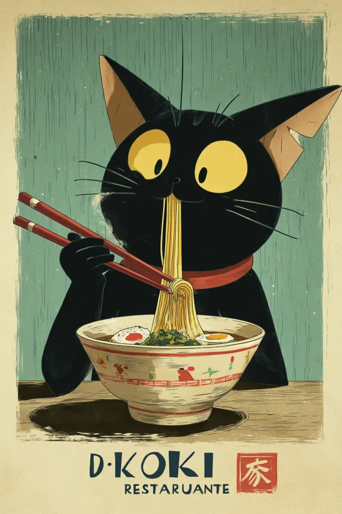 A stylized illustration for D·Koki Restaurante features a charming black cat enthusiastically enjoying a bowl of ramen.  The cat delicately uses chopsticks to slurp noodles, its large, expressive eyes conveying pure delight. The vintage-style poster uses warm tones and a simple background, highlighting the cat and its culinary pleasure.  The restaurant's name is prominently displayed at the bottom, incorporating a traditional Japanese character.