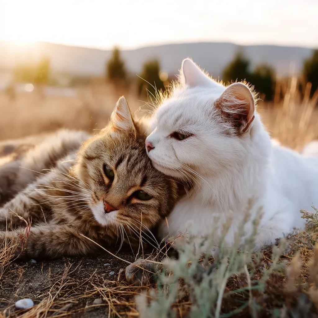 Two cats cuddle together in a field at sunset.  A brown tabby cat rests its head on the shoulder of a fluffy white cat.  The warm sunlight bathes the scene, creating a peaceful and affectionate atmosphere.  The cats appear relaxed and content in each other's company.  Dry grass surrounds them.