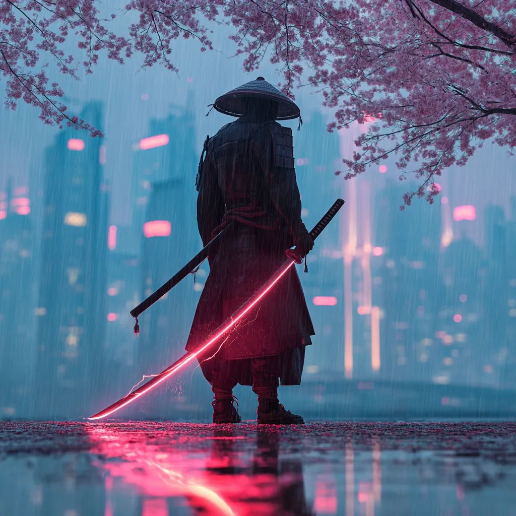 A lone samurai, cloaked in black and wearing a traditional conical hat, stands in the rain.  Their katana, glowing with vibrant pink energy, rests on the wet pavement.  Behind them, a futuristic cityscape shimmers under a weeping cherry blossom tree, creating a striking contrast between ancient warrior and modern technology.  The scene is atmospheric and dramatic, emphasizing the figure's solitary presence.