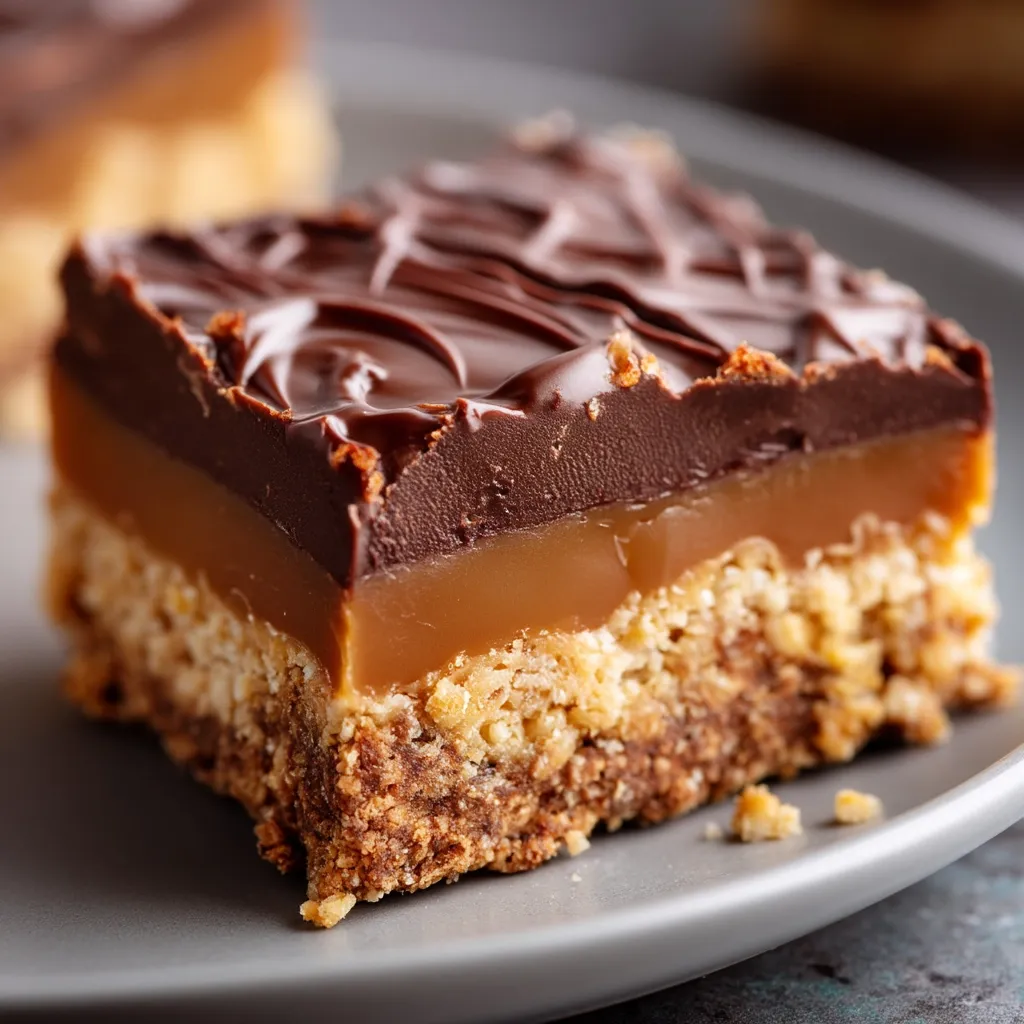 A close-up shot reveals a delectable caramel bar, generously coated in rich, dark chocolate.  The caramel layer is thick and luscious, nestled atop a buttery, crumbly shortbread base.  The texture appears incredibly smooth and decadent, with a hint of the shortbread's oat-like texture visible. The bar sits on a gray plate, suggesting a homemade treat ready to be savored.