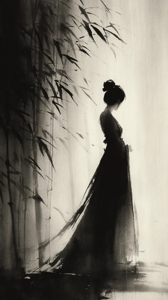 A monochromatic ink painting depicts a woman in a long, flowing gown standing amidst a bamboo grove.  The style is evocative of East Asian ink wash painting, with stark contrasts of black and grey creating a sense of serene contemplation. The woman's posture is subtly melancholic, her form almost blending with the shadowy bamboo stalks. The overall effect is one of quiet beauty and mystery.