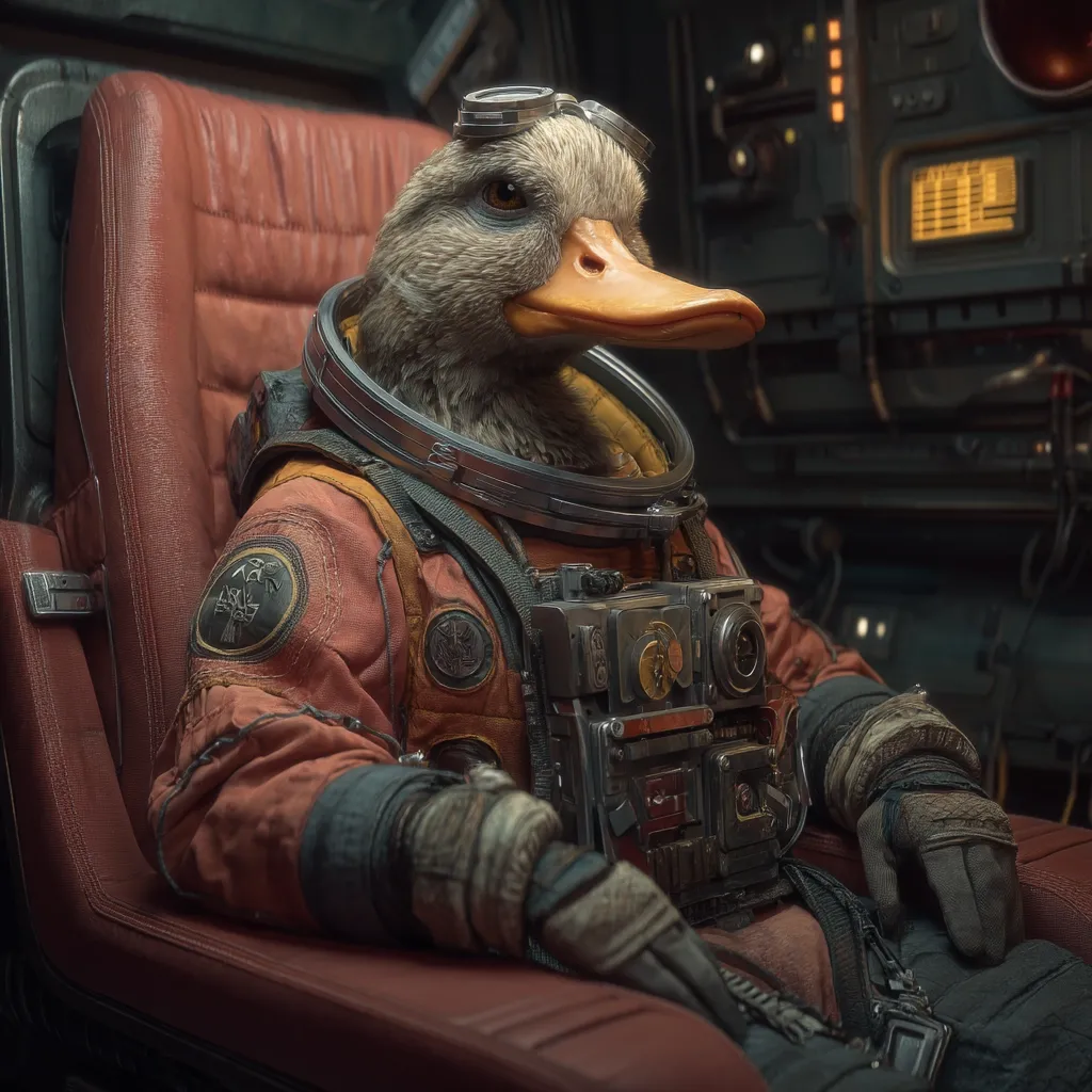 A digital rendering depicts a duck wearing a vintage-style astronaut suit, complete with goggles and worn gloves.  The duck sits calmly in a worn leather armchair within a futuristic, dimly lit spacecraft cockpit.  The suit features various patches and a complex-looking chest-mounted device. The scene has a blend of retro and sci-fi aesthetics.