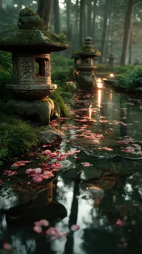 Moss-covered stone lanterns stand sentinel beside a tranquil stream in a serene forest.  Pink petals float on the dark water, reflecting the lanterns and surrounding trees.  A soft, ethereal light illuminates the scene, creating a peaceful and mystical atmosphere. The overall ambiance suggests a Japanese garden, imbued with tranquility and natural beauty.