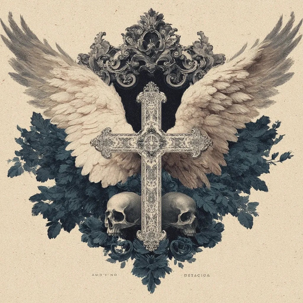 An ornate, detailed illustration features a large cross at its center, flanked by a pair of expansive angel wings.  The cross is intricately designed, with a highly decorative style.  Below the cross, two human skulls rest amidst dark, stylized foliage.  The background is a muted beige, contrasting with the darker tones of the central imagery.  A decorative crest sits atop the wings, adding to the overall regal and slightly morbid aesthetic.  The piece is reminiscent of vintage engravings or religious iconography.