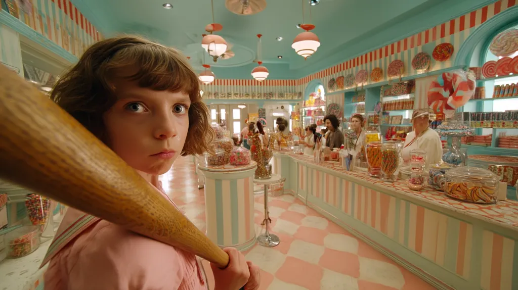 A young girl, with a serious expression, carries a baseball bat across her shoulder. She stands in a brightly colored candy store, the pastel pink and mint green walls adorned with striped detailing.  Various jars of sweets line the counter, behind which several adults are working. The overall scene is whimsical and slightly unsettling, suggesting a story unfolds within this sweet setting.