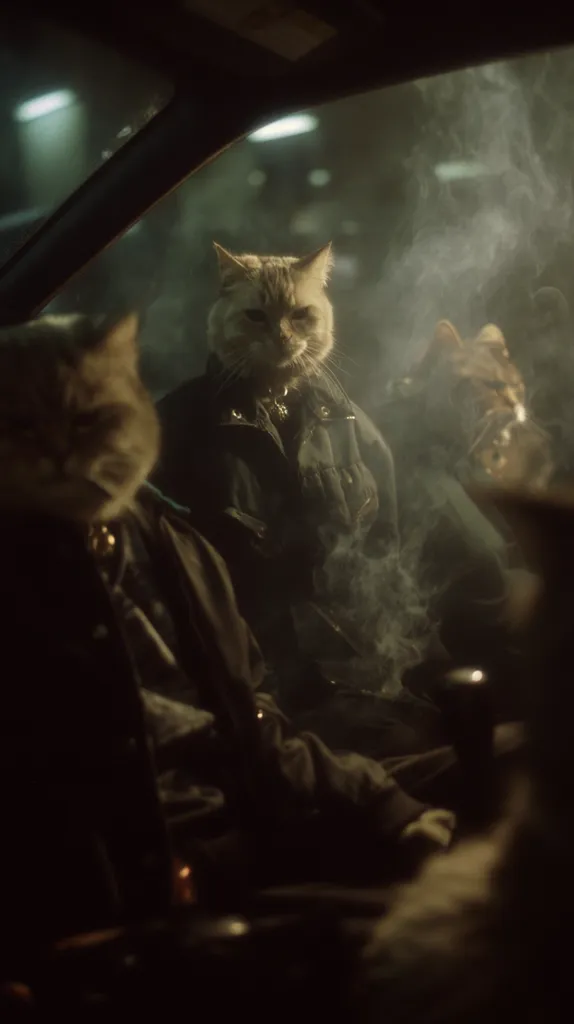 Three cats are seen inside a car at night, enveloped in smoke.  A light-colored cat in the center wears a dark jacket. The other cats are partially visible, shrouded in shadow and smoke. The scene is dimly lit, creating a mysterious and moody atmosphere.  The car's interior is dark, contrasting with the faint glow from outside lights.