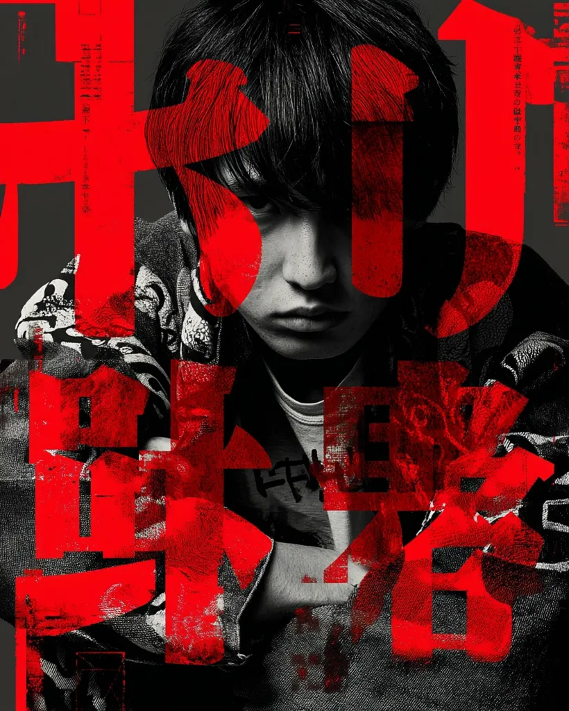 A monochromatic close-up depicts a young man with dark hair, his expression intense and serious.  He's dressed in a dark jacket with subtle pattern details.  Large, bold red Japanese kanji characters overlay the image, creating a striking contrast and suggesting a film poster or album art with a gritty, possibly violent, theme. The overall mood is dark and edgy.