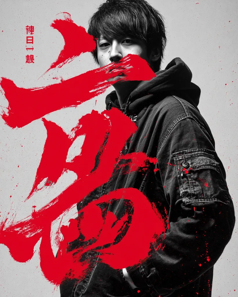A monochromatic portrait of a young man, his face partially obscured by a large, crimson kanji character.  He wears a dark, textured jacket, his expression serious. The bold red paint strokes create a dramatic contrast against the grayscale background, suggesting intensity and perhaps violence.  The vertical Japanese text implies a title or name.