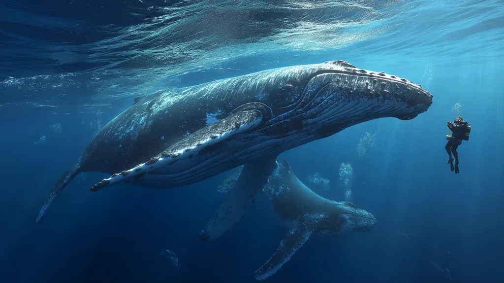 An underwater photograph captures a majestic humpback whale, its enormous size emphasized by a diver dwarfed in comparison.  The whale's intricate skin patterns are visible, and it appears calm and curious.  A second, smaller whale is also in the frame, suggesting a mother and calf.  The deep blue of the ocean creates a dramatic backdrop, highlighting the whales' grace and the diver's awe-inspiring proximity.