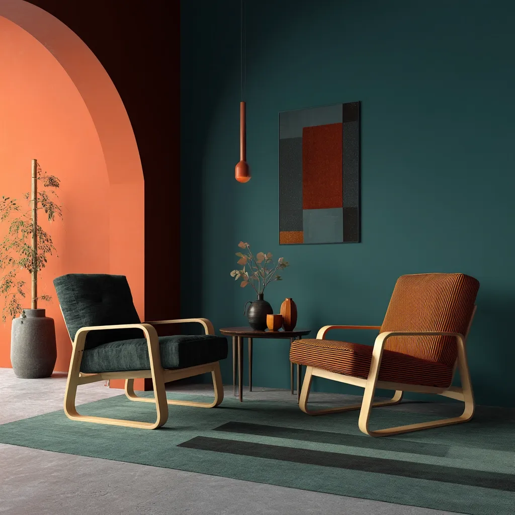 A teal and burnt orange room features two mid-century modern armchairs with light wood frames.  One chair is a dark teal, the other a warm orange.  They sit on a teal rug, facing each other across a small dark wood side table holding dried flowers and vases.  An orange pendant light hangs on the teal wall, above an abstract geometric artwork in complementary colors.  A potted plant stands near an arched doorway leading to an orange-walled space.