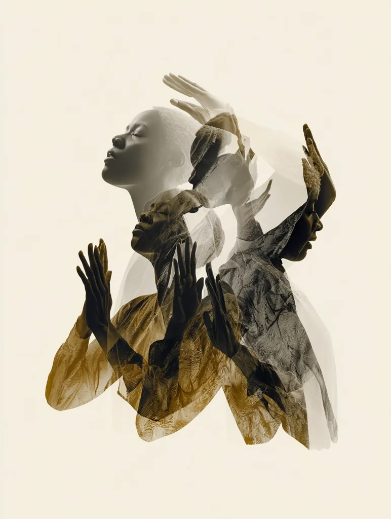 A double exposure image depicts a stylized figure in a flowing garment. Multiple layered figures create a sense of movement and fluidity. The sepia tones and soft lighting enhance the dreamlike quality, emphasizing the graceful poses and the ethereal nature of the piece. The hands are expressive, adding to the overall feeling of contemplation or prayer. The overlapping bodies suggest a connection between different selves or states of being.