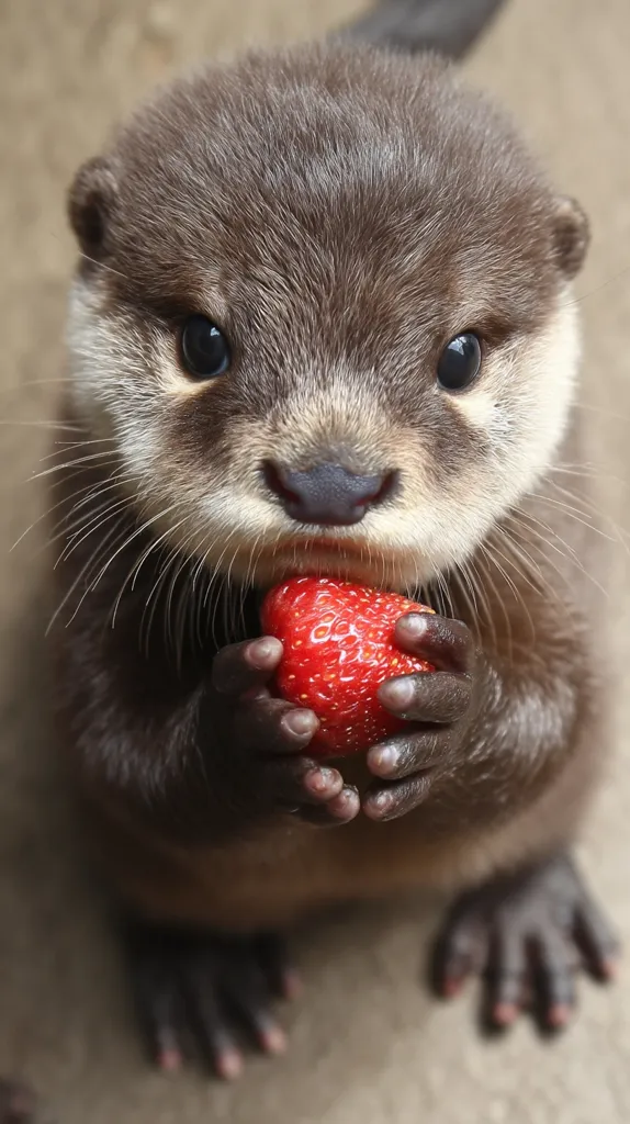 An adorable otter pup, with dark brown fur and expressive eyes, delicately holds a bright red strawberry in its tiny paws.  Its small, clawed hands cradle the fruit, showcasing its endearingly innocent expression. The image is a close-up, emphasizing the otter's cuteness and the contrast between its fur and the vibrant strawberry.