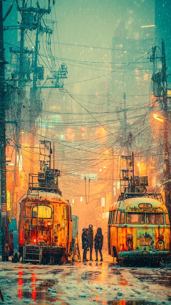 A snowy, twilight scene in a city street. Two rusty, vintage vehicles, resembling trams or buses, are parked opposite each other.  Overhead wires crisscross the scene, adding to the aged and atmospheric feel. Three figures stand between the vehicles, seemingly oblivious to the falling snow.  The background features blurred city lights, creating a moody and nostalgic ambiance.