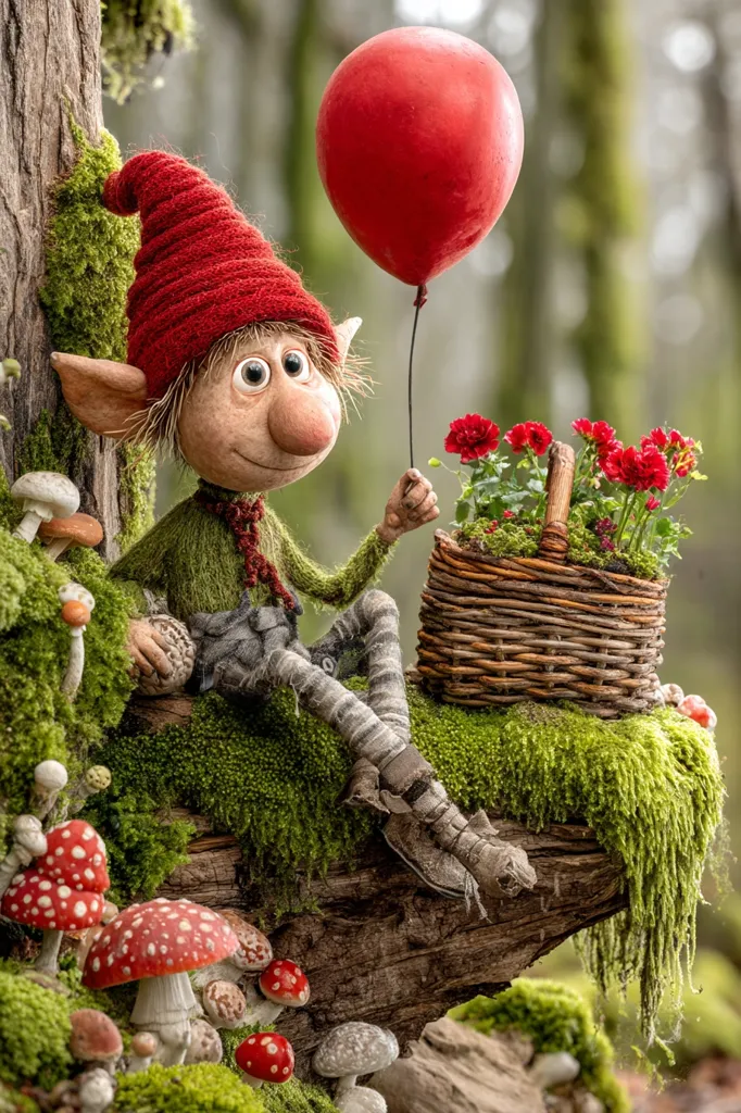 A whimsical elf, adorned in a red knitted hat and green sweater, sits on a moss-covered log.  He holds a red balloon and a small wicker basket filled with red flowers.  Surrounding him are various mushrooms, adding to the enchanting, fairytale-like scene in a lush forest setting.  The elf's large eyes and cheerful expression enhance the overall charm of the image.
