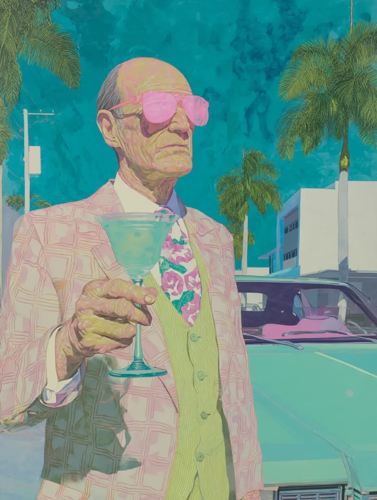 A stylish older man in pink sunglasses and a pastel pink and green suit holds a martini glass.  He stands in a vibrant, tropical setting with palm trees and a vintage light green car partially visible in the background.  The painting's colors are bold and saturated, creating a striking, almost surreal, atmosphere.  The man's expression is calm and confident.