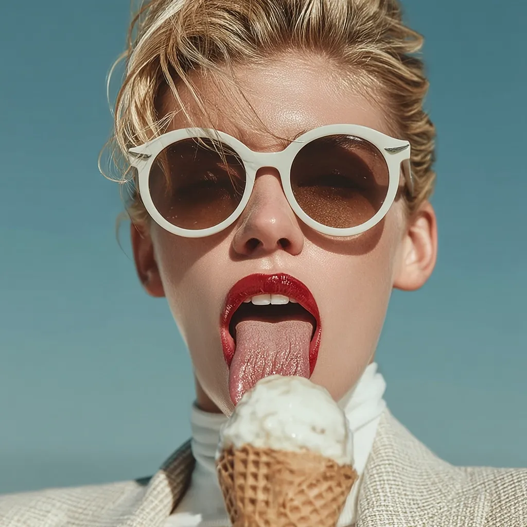 A young woman with blonde hair and white round sunglasses licks an ice cream cone.  She's wearing a light beige blazer and turtleneck. Her red lipstick is vibrant against her pale skin. The background is a clear blue sky. The image has a bright, summery feel.