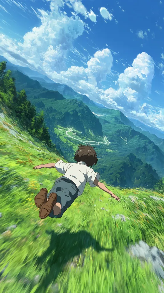 A young person with brown hair lies horizontally in mid-air, seemingly flying over a lush green hillside.  The vibrant green grass stretches down a steep slope toward a picturesque valley filled with rolling hills and a winding road under a bright, partly cloudy sky. The scene evokes a sense of freedom and wonder, possibly from an anime film.