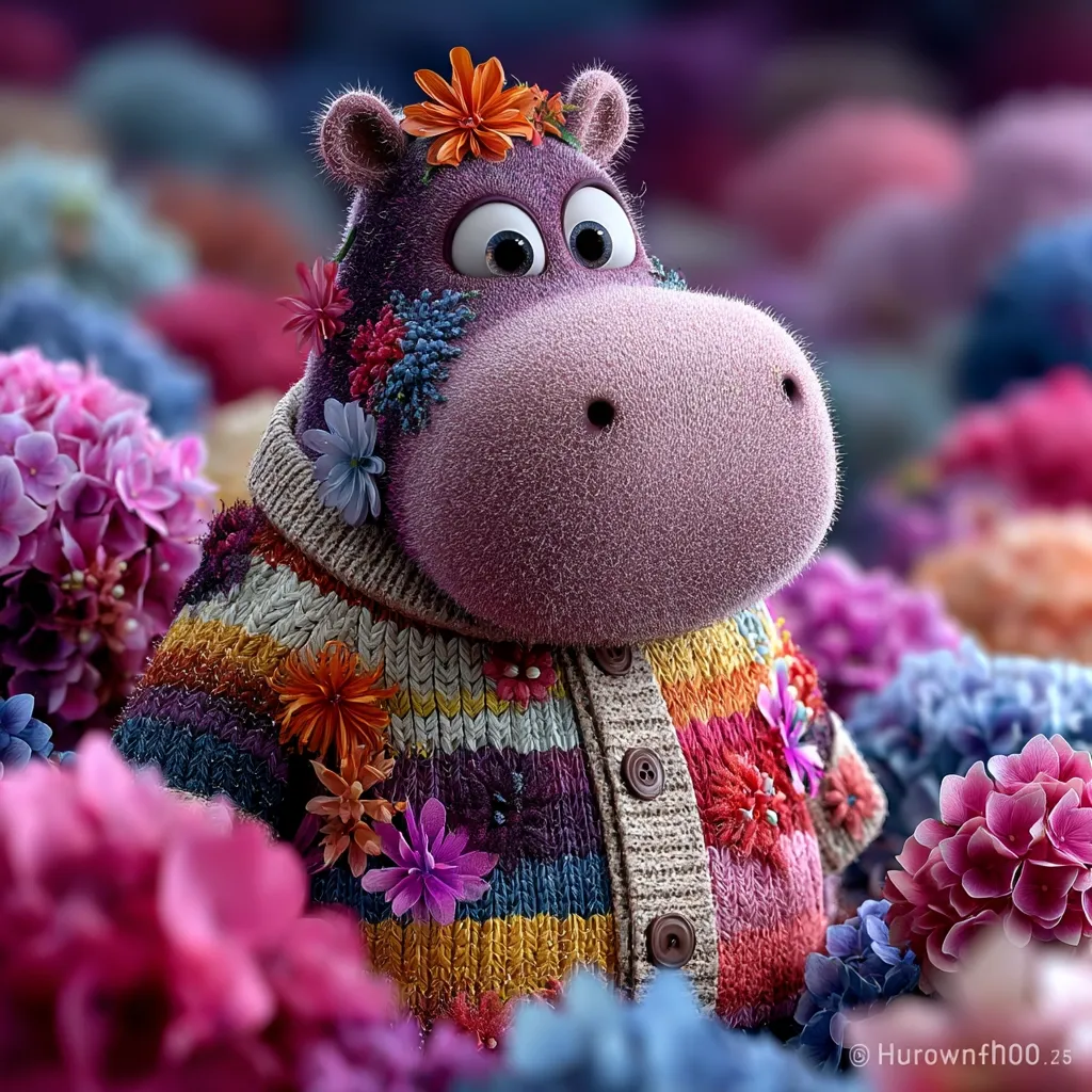 A charming, plush purple hippopotamus, adorned with a vibrant, multicolored striped cardigan and an array of colorful flowers woven into its fur and sweater, sits amidst a field of blooming hydrangeas.  The hippo's large, expressive eyes and soft texture create a heartwarming and whimsical image.  The scene is beautifully rendered, emphasizing the textures and colors of both the hippo and its floral surroundings.