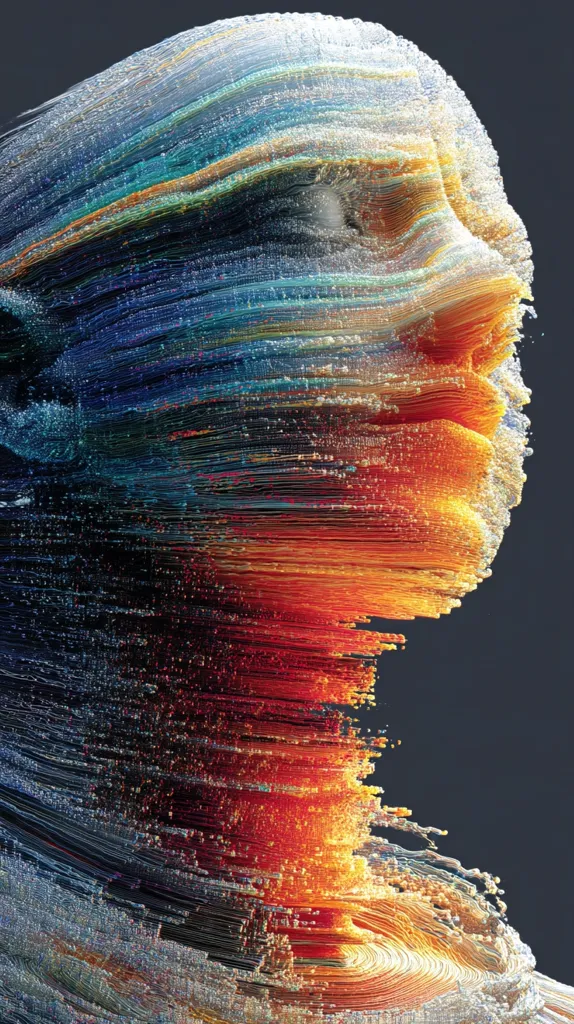 A vibrant, abstract digital artwork depicts a human face seemingly composed of countless interwoven threads of color.  The palette transitions from cool blues and greens at the top to warm oranges and reds at the bottom, creating a dynamic, swirling effect.  The strands appear to be in motion, giving the impression of energy or transformation. The overall style is highly textured and visually striking.