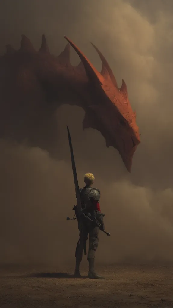 A lone warrior, clad in dark armor and wielding a large sword, stands before an immense, reddish-brown dragon in a desolate, dusty landscape.  The dragon's head looms over the figure, filling much of the frame. The atmosphere is hazy and muted, creating a dramatic and ominous mood. The scene suggests a moment of confrontation or contemplation between the warrior and the formidable beast.