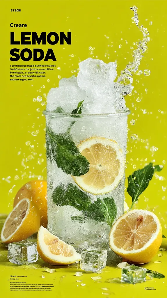 A refreshing lemon soda advertisement.  A glass filled with ice, lemon slices, and mint is splashed with water.  The vibrant yellow background enhances the drink's citrusy appeal.  The text "Creare Lemon Soda" is prominently displayed, along with unreadable text suggesting a product description.  Ice cubes and lemon wedges surround the glass.