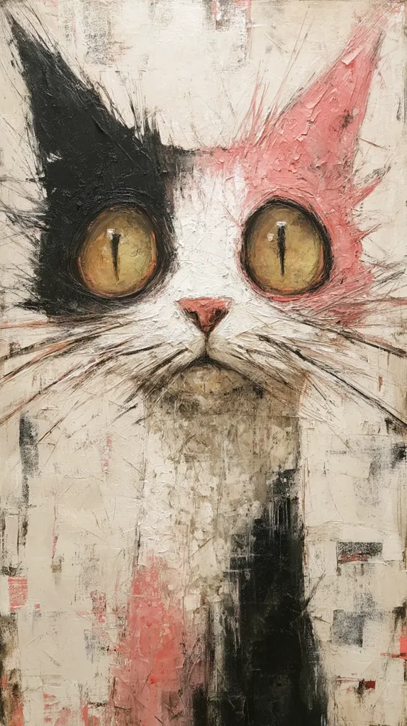A textured, abstract painting depicts a cat's face. The cat is predominantly white, with black fur on one side and a salmon-pink hue on the other.  Its large, round eyes are a striking yellow-gold. The impasto style creates a rough, expressive texture, emphasizing the cat's intense gaze. The background is a blend of whites, grays, and blacks, complementing the cat's coloration.