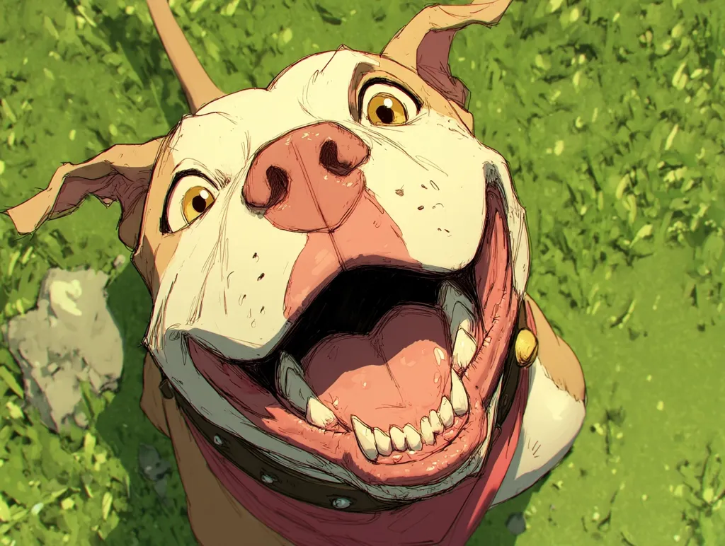 A stylized illustration of a happy pit bull terrier looking up at the viewer.  The dog's mouth is wide open, revealing its teeth, and its eyes are bright and expressive. It wears a red bandana and a collar with a gold bell. The background is a blurred depiction of green grass. The art style is loose and painterly, with visible brushstrokes.