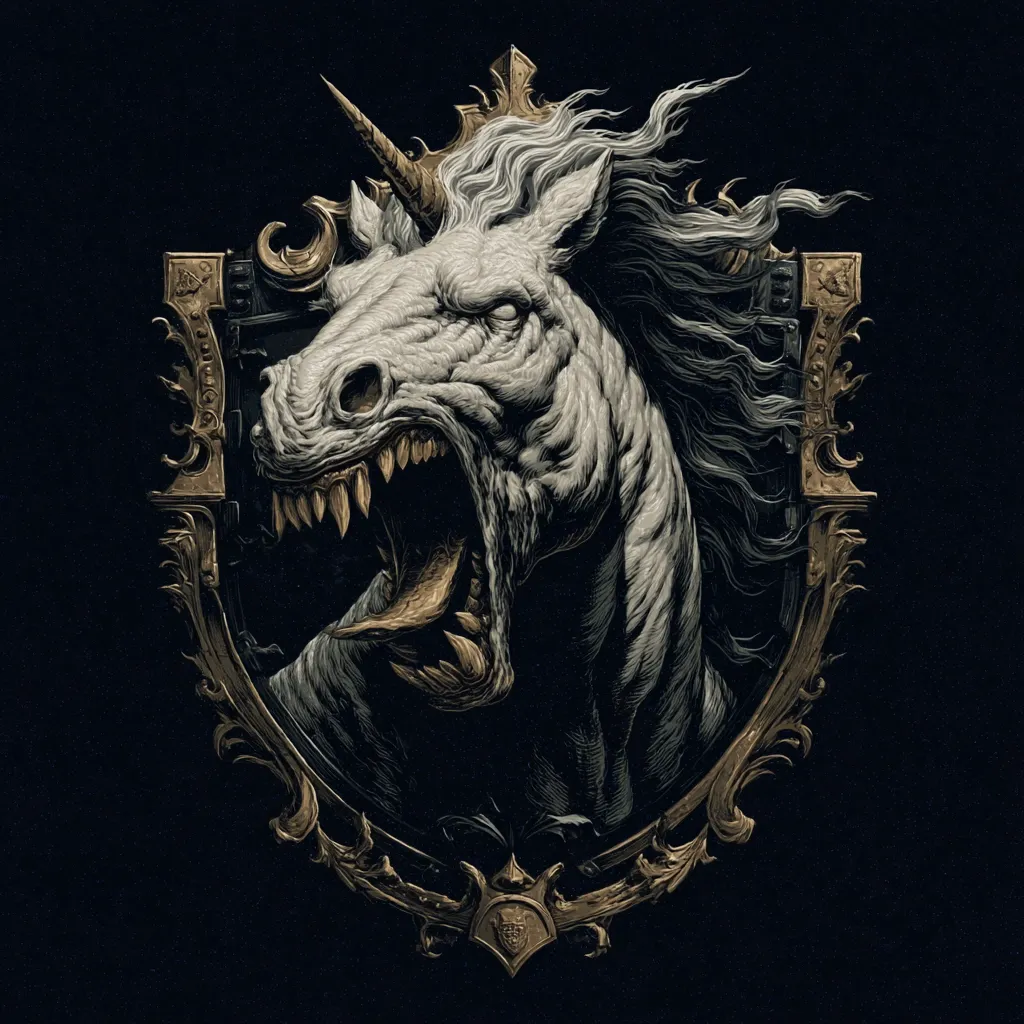 A snarling, monstrous unicorn, rendered in dark, detailed style, is displayed within an ornate, gold-colored heraldic frame against a black background.  The unicorn's features are grotesque, its mouth open in a ferocious display of teeth. The overall impression is one of dark fantasy or horror.
