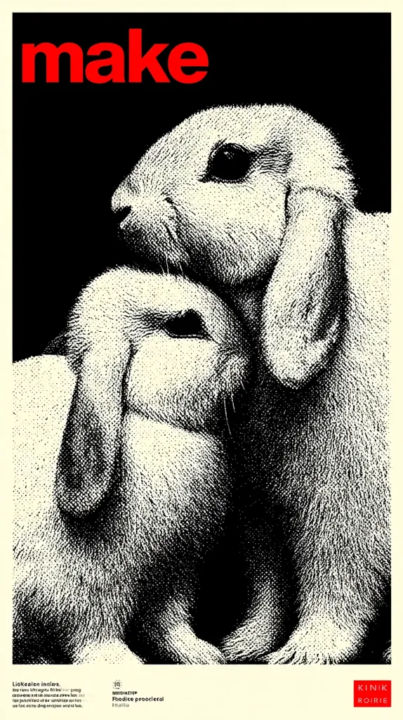 A striking black and white poster features two rabbits nestled together. The larger rabbit is positioned above the smaller one, creating a sense of warmth and protection.  The word "make" is prominently displayed in bold red letters at the top, suggesting a message of creation or production. The image's high contrast and stippled texture give it a vintage, almost woodcut-like aesthetic.  Minimalist text is present at the bottom.