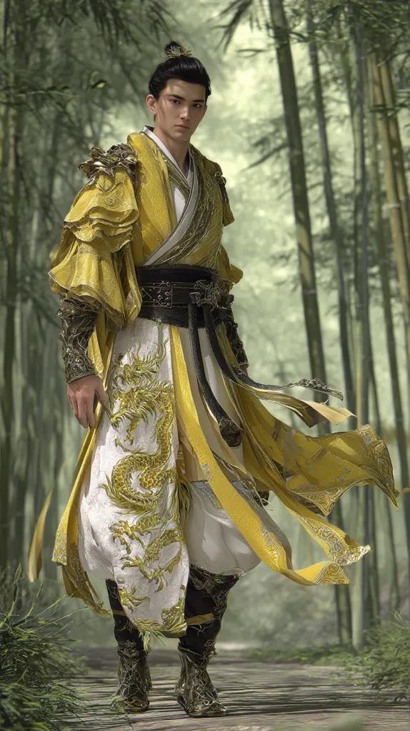A young man, elegantly dressed in a flowing yellow and white robe adorned with intricate gold dragon embroidery, stands amidst a bamboo forest.  His attire includes a dark belt and ornate footwear, suggesting a character of high status or perhaps a fantasy setting. The scene is serene and atmospheric, emphasizing the richness of his clothing and the tranquility of the surrounding nature.