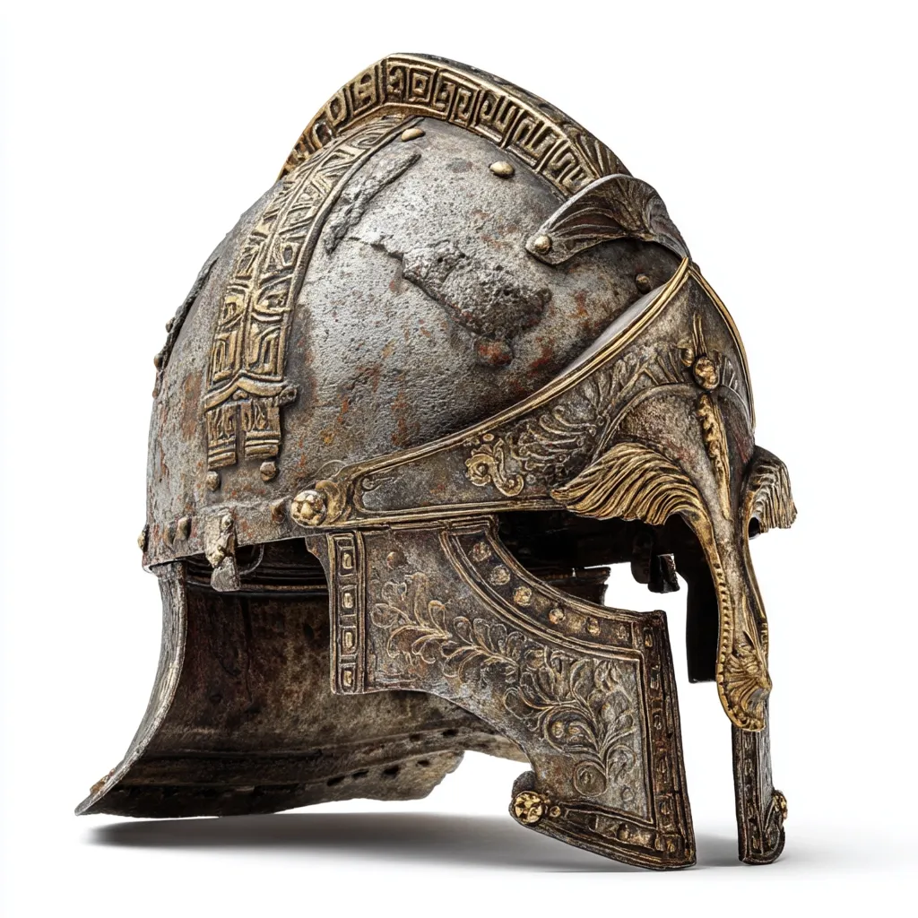 An antique helmet, seemingly of ancient Greek or Roman design, is showcased against a stark white backdrop.  The helmet's aged, weathered metal surface displays a rich patina, contrasted by gilded detailing and intricate carvings along its crests and cheek guards.  The design incorporates both geometric and floral patterns, suggesting a piece of considerable historical or artistic significance.  The helmet's slightly damaged state adds to its antique charm.