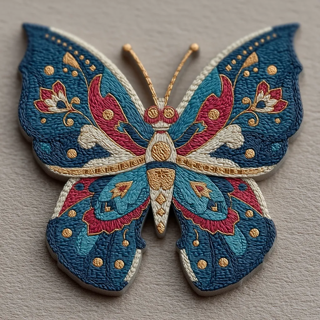 An intricately embroidered butterfly takes center stage.  Its wings, a rich teal and crimson, are adorned with gold stitching, creating a detailed floral and geometric pattern.  The body is highlighted with gold thread, adding to the overall ornate and luxurious appearance. The piece showcases exceptional craftsmanship and attention to detail.