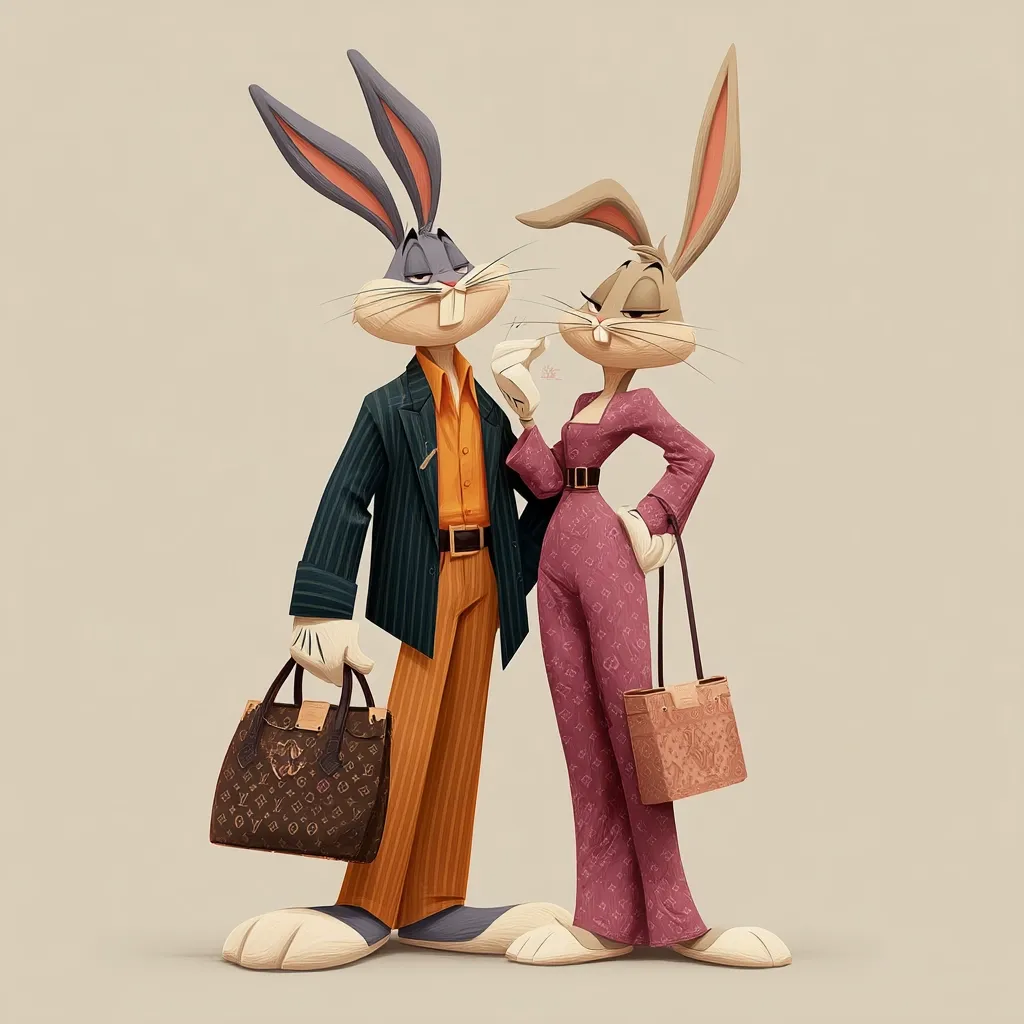 Bugs Bunny and Lola Bunny are depicted in a stylish illustration. Bugs, in a pinstripe suit and orange trousers, carries a Louis Vuitton handbag. Lola, wearing a mauve jumpsuit adorned with a similar pattern, holds a smaller Louis Vuitton tote.  Their attire and accessories suggest a sophisticated and fashionable aesthetic. The image is rendered in a smooth, almost 3D style.