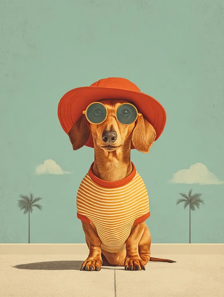 A dachshund sits on a light-colored surface, wearing a striped shirt, a red sun hat, and round sunglasses.  Two palm trees are visible in the background against a teal sky.  The image has a retro, vintage aesthetic.  The dog appears relaxed and stylish, conveying a summery vibe.