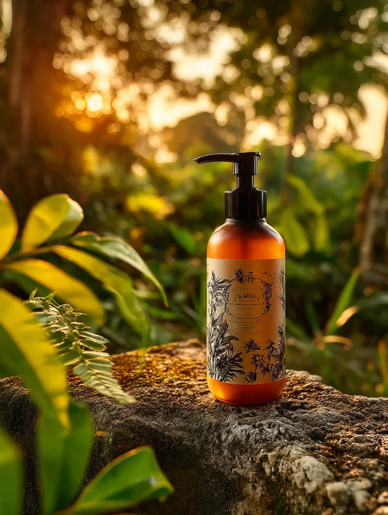 A brown amber bottle of Opalisi body wash sits on a moss-covered stone.  The bottle features an elegant label with botanical illustrations.  The setting is a lush, tropical garden bathed in warm, golden sunlight.  The overall feel is one of natural beauty and relaxation.
