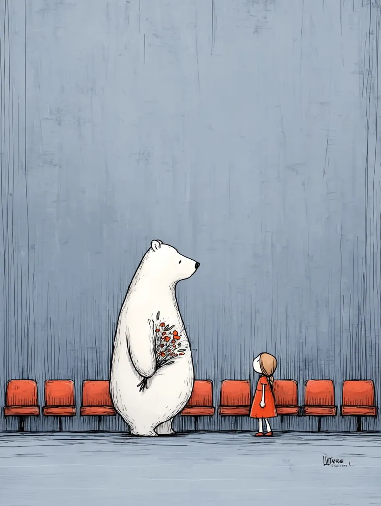 A minimalist illustration depicts a polar bear holding a small bouquet of flowers, standing opposite a little girl in a red dress.  Both are situated in a waiting area with a row of empty red chairs. The setting is simple, against a textured gray background. The image evokes a sense of quiet anticipation or a tender moment.