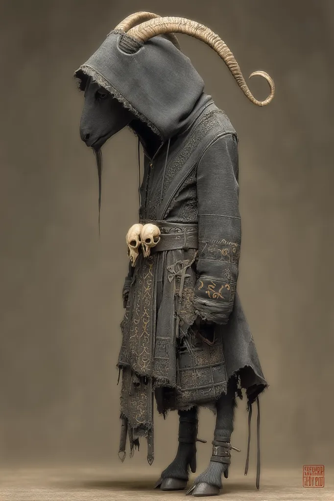 A digital rendering depicts a goat-like creature cloaked in a dark, tattered robe adorned with intricate, possibly symbolic, embroidery.  The robe is cinched with a leather belt holding two small skulls. The creature's horns curve elegantly, and its posture is somber. The overall aesthetic is dark, mystical, and somewhat unsettling.  The background is a muted, neutral tone.