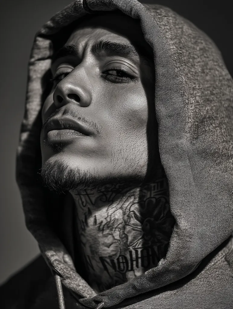 A black and white close-up portrait of a young man with heavily tattooed neck, wearing a hooded sweatshirt.  His gaze is intense, and his expression is serious.  The image is starkly lit, emphasizing the textures of his skin and the fabric of his clothing. The overall mood is brooding and contemplative.