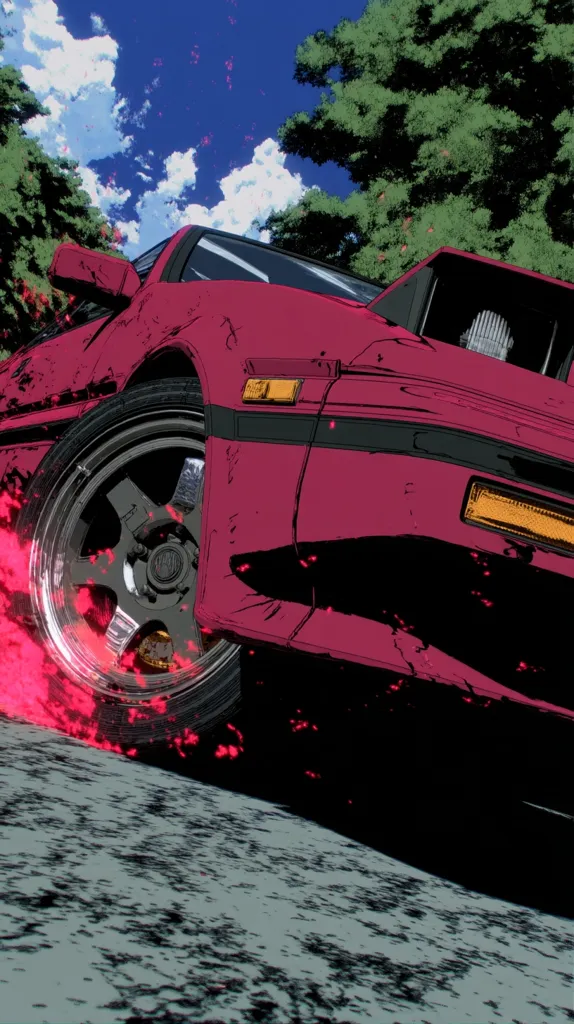 A vibrant pink sports car, possibly a Toyota AE86, speeds along a road lined with lush green trees under a partly cloudy sky.  The car is depicted in a stylized, anime-influenced art style, with exaggerated lines and vibrant colors.  Pink sparks trail from the tires, suggesting intense speed and motion. The scene evokes a sense of energy and dynamism.