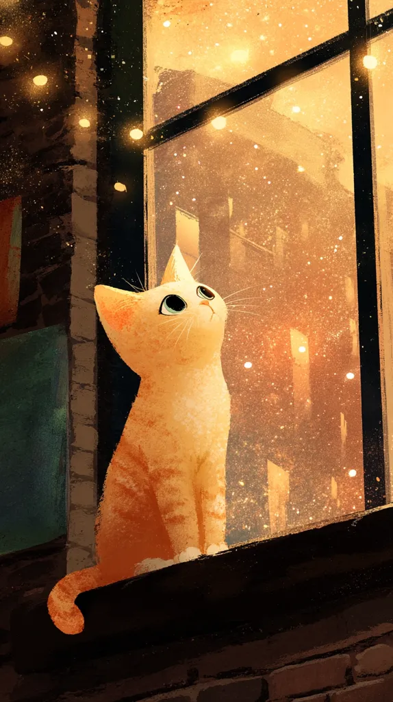 A ginger cat sits on a windowsill, gazing out at a softly lit cityscape at night.  Warm-toned lights twinkle outside, creating a cozy, magical atmosphere.  The cat's expression is one of wonder and curiosity, as if captivated by the scene before it. The overall style is painterly and evokes a feeling of quiet contemplation.