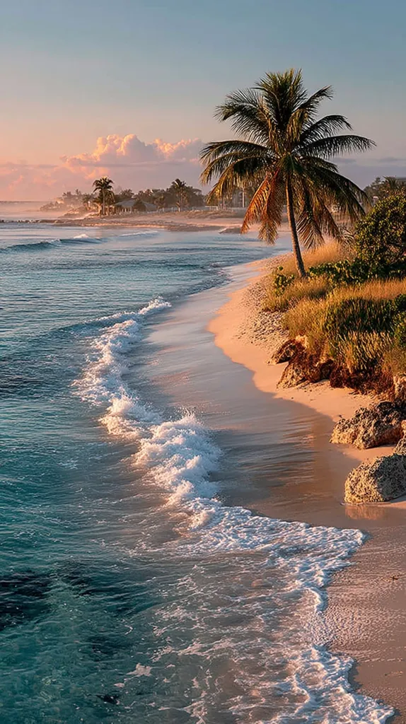 A serene beach scene at sunset.  Gentle waves lap a pristine sandy shore, bordered by lush vegetation and a solitary palm tree.  In the distance, houses are nestled amongst greenery under a soft, pastel sky.  The overall atmosphere is peaceful and idyllic, evoking a sense of tranquility and escape.